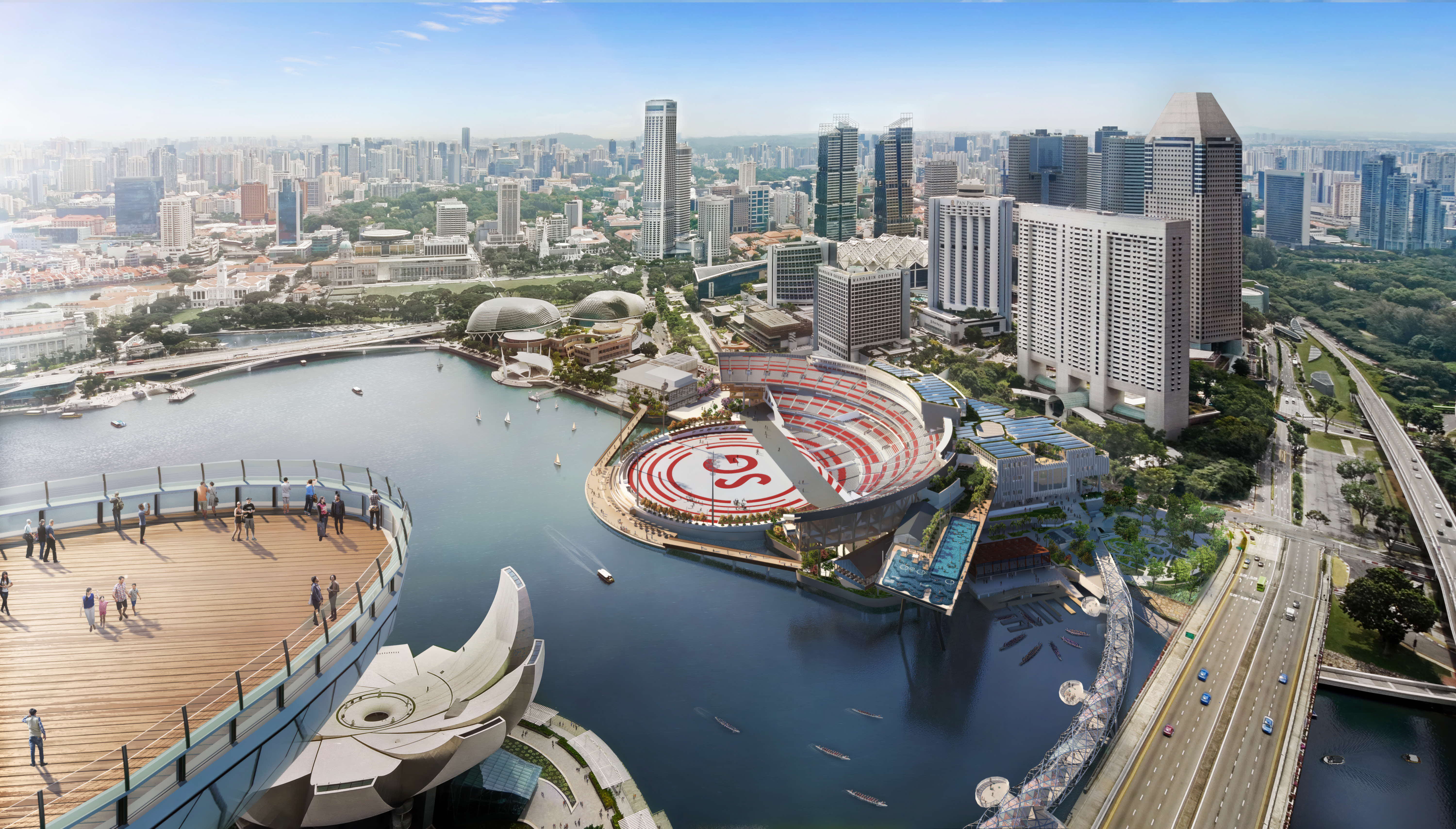 Aerial view of the Singapore skyline with landmarks, including the Esplanade and a stadium with "SG" lettering.